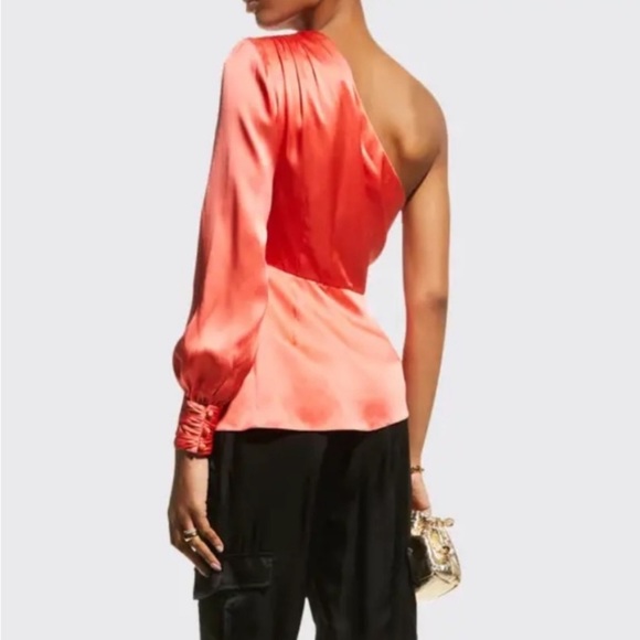Cinq a Sept Neon Coral Satin Silk One Shoulder Stace Shirt Asymmetrical Blouse - Picture 8 of 14